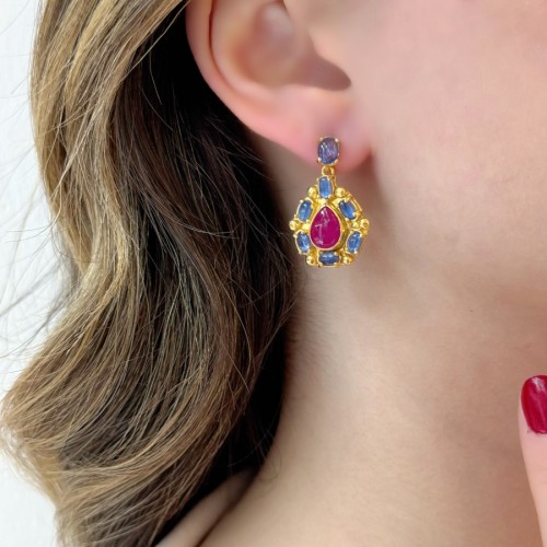 Doğal Yakut Kyanite Taşlı Tasarım Kadın Gümüş Küpe - 2