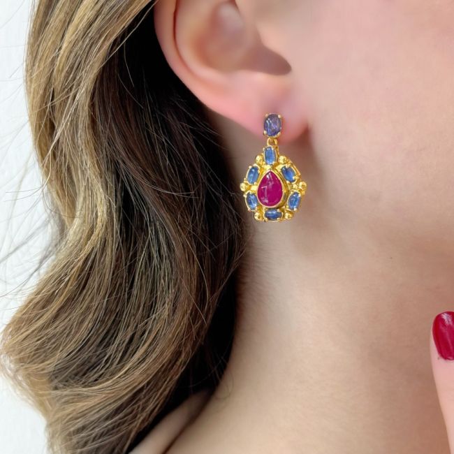 Doğal Yakut Kyanite Taşlı Tasarım Kadın Gümüş Küpe - 2