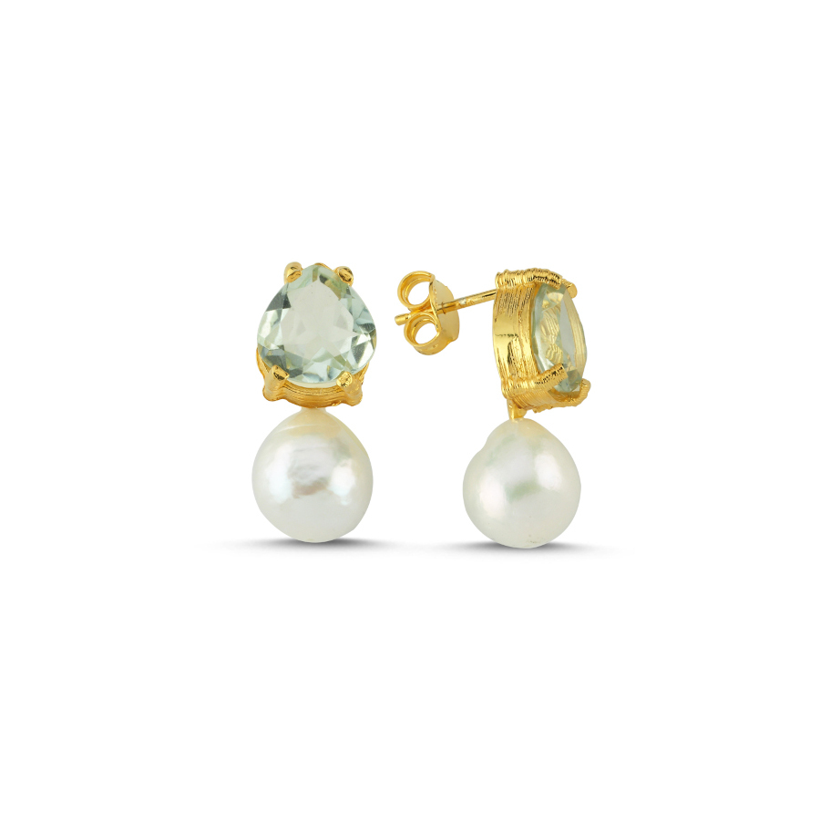 Natural Green Amethyst Stone Real Pearl Women's Silver Earrings - CNG Jewels