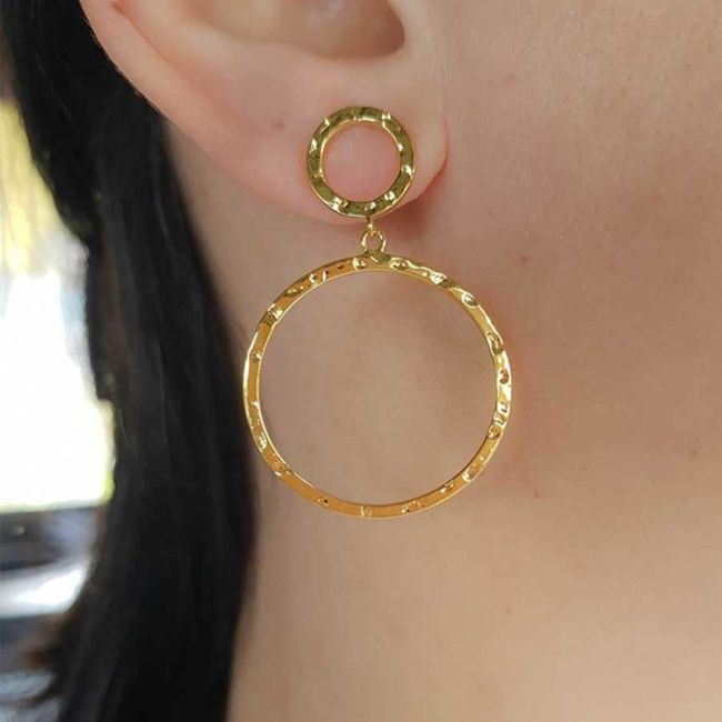 Desenli İki Halka Gold Gümüş Küpe - 1