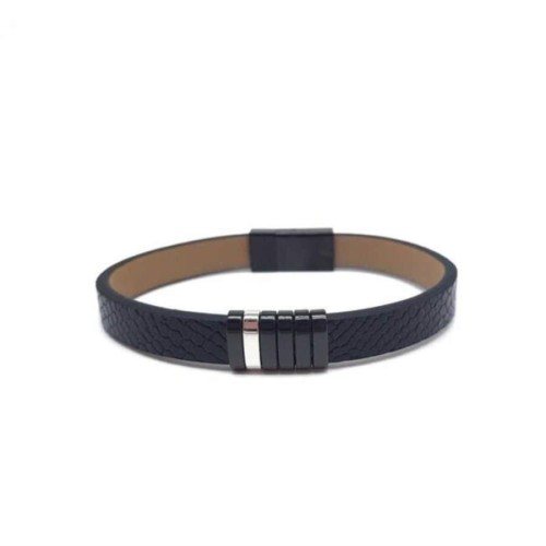 Textured Black Leather Steel Men's Bracelet - CNG Jewels