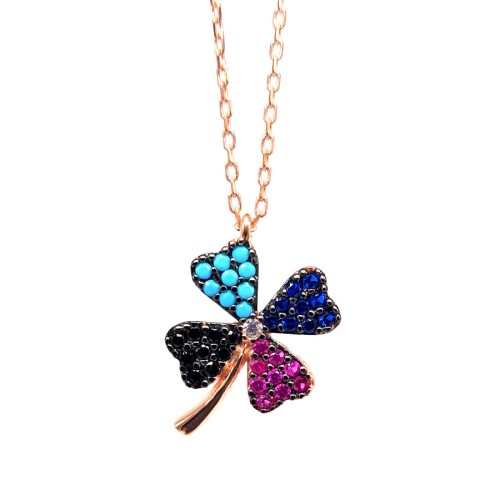 Dört Yapraklı Yonca Renkli Taşlı Gümüş Kadın Kolye - 1