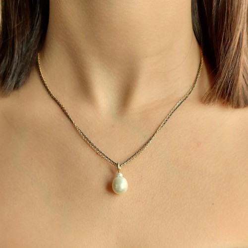 Double Chain Natural Pearl Sterling Silver Necklace - Thumbnail