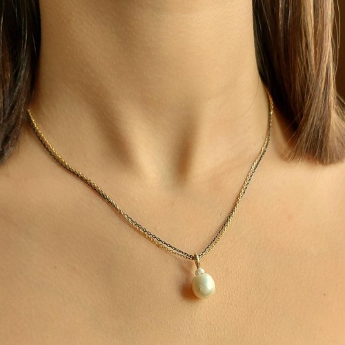 Double Chain Natural Pearl Sterling Silver Necklace - Thumbnail