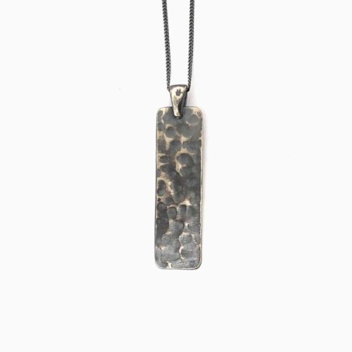 CNG Jewels - Dövü İzi Dokulu Dikdörtgen Plaka Uzun Zincirli Gümüş Erkek Kolyesi