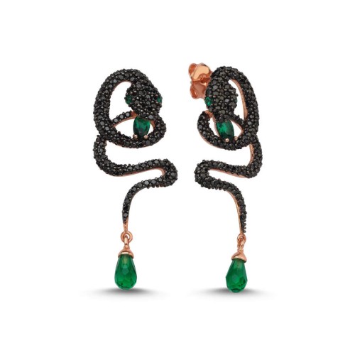 CNG Jewels - Drop Yeşil Taşlı Tasarım Kobra Yılanı Kadın Gümüş Küpe