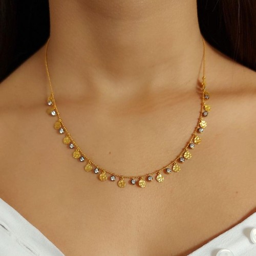 CNG Jewels - Tasarım Dövülü Pullu ve Taşlı Gold Gümüş Bayan Kolye