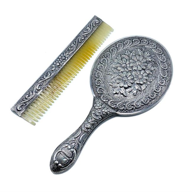 Daisy Patterned Hand Mirror Comb Set of Two Silver No. 3 - 1