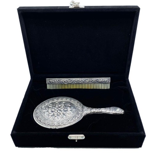 Daisy Patterned Hand Mirror Comb Set of Two Silver No. 3 - 2