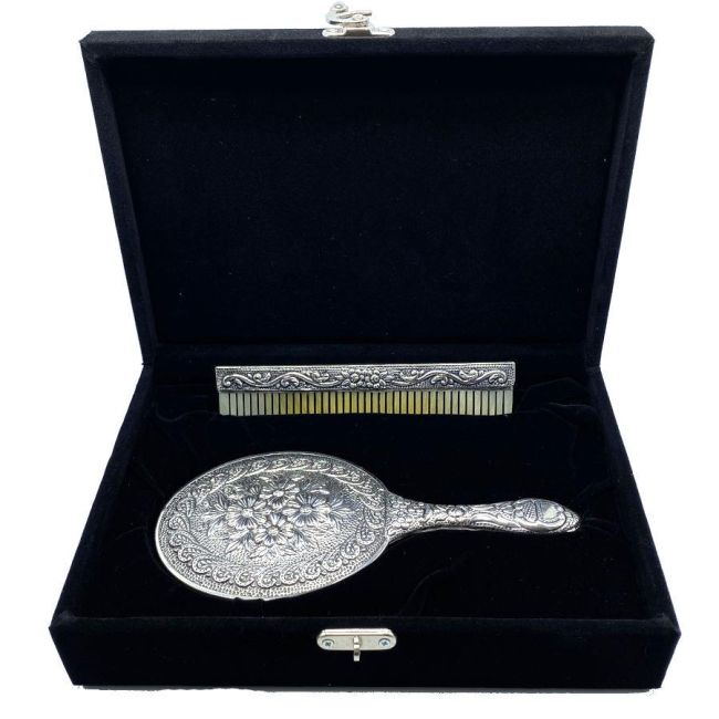 Daisy Patterned Hand Mirror Comb Set of Two Silver No. 3 - 2