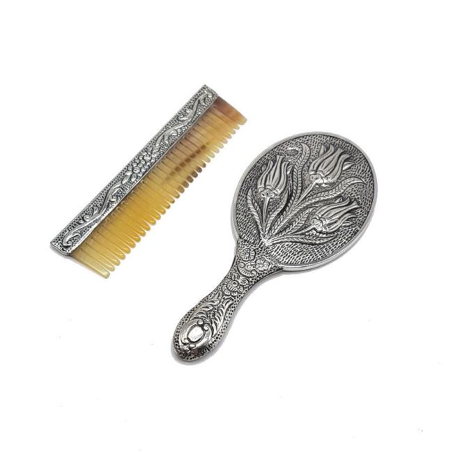 Tulip Patterned Small Hand Mirror Comb Set of Two Silver - 1