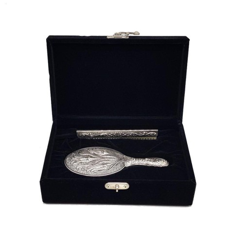 Tulip Patterned Small Hand Mirror Comb Set of Two Silver - CNG Jewels (1)