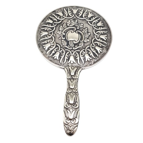 Extra Large Silver Hand Mirror with Tulip Motif - 2
