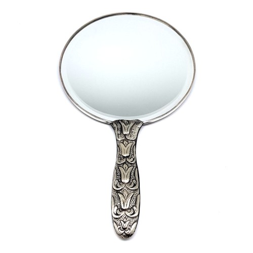 Extra Large Silver Hand Mirror with Tulip Motif - 3