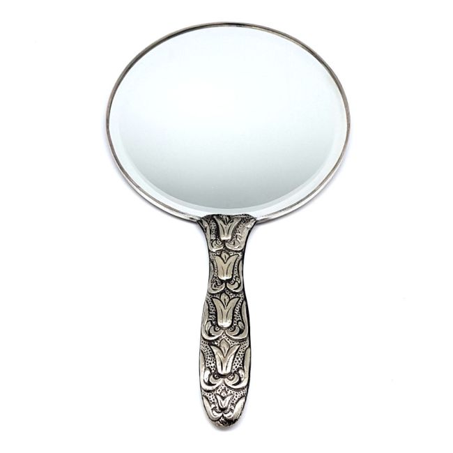 Extra Large Silver Hand Mirror with Tulip Motif - 3