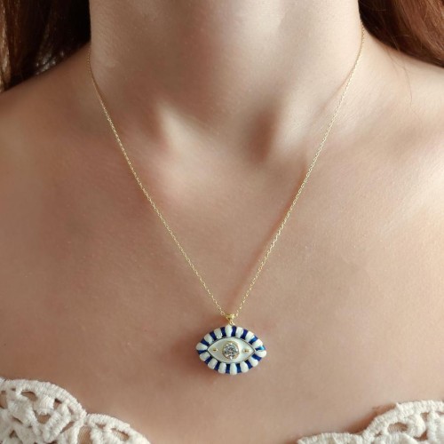 Eyelash Lacivert Beyaz Göz Gold Gümüş Kadın Kolye - 2