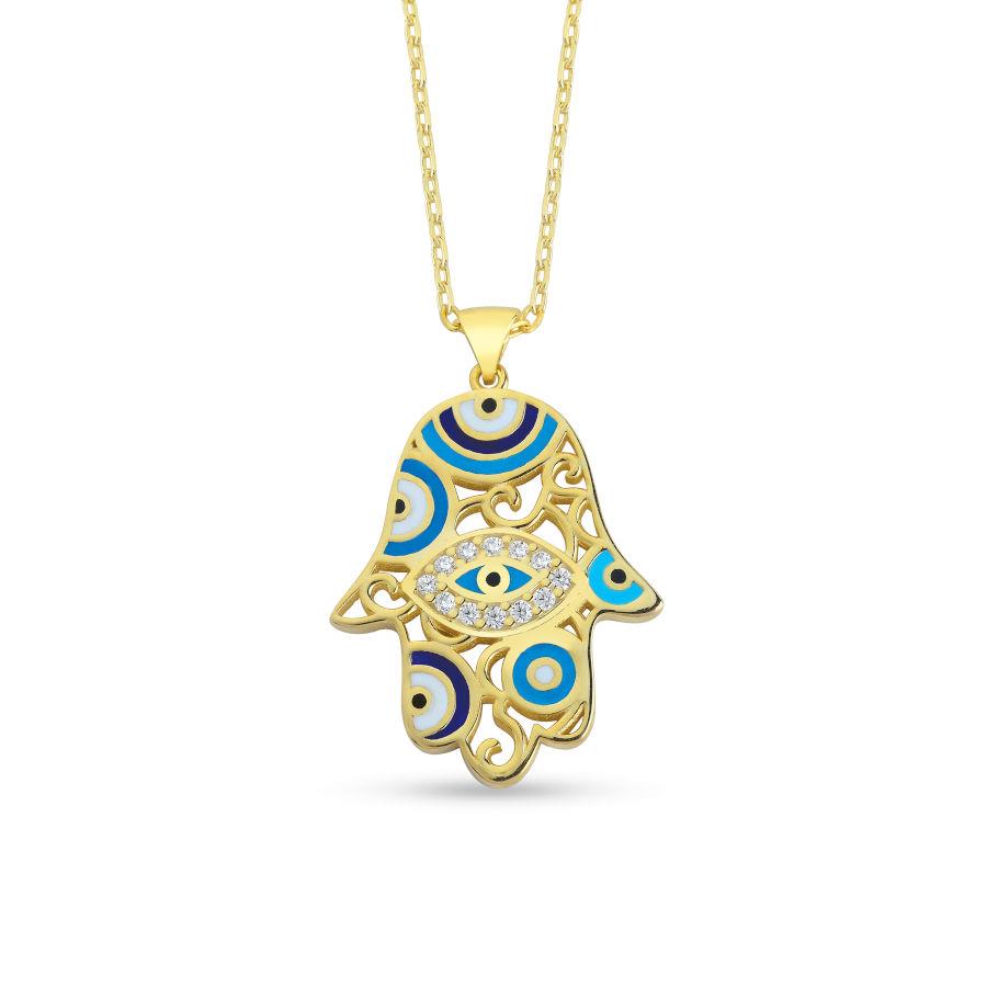 Fatima Hand Eye Enamel Gold Silver Women's Necklace - CNG Jewels