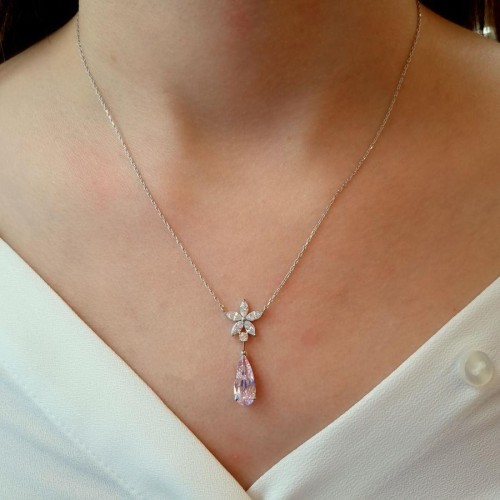 Fiore Flower Pink Drop Women's Silver Necklace - CNG Jewels (1)