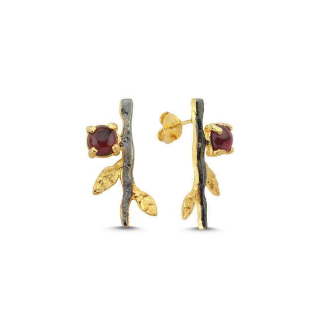 Flower Branch Garnet Tasarım Kadın Gümüş Küpe - 1
