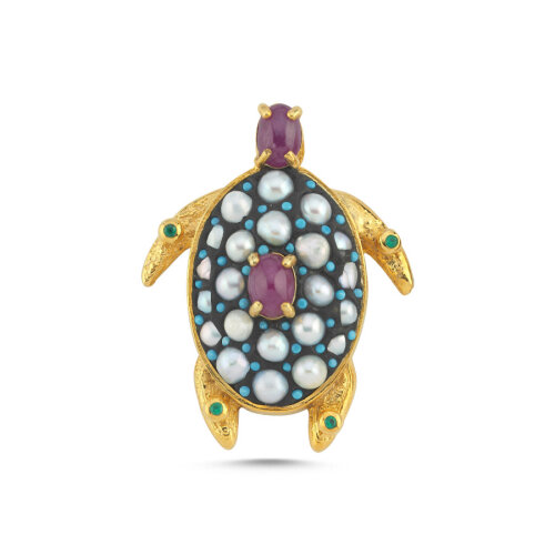 Gerçek İnci Yakut Taşlı Tasarım Caretta Kaplumbağa Gümüş Kolye Ucu - CNG Jewels