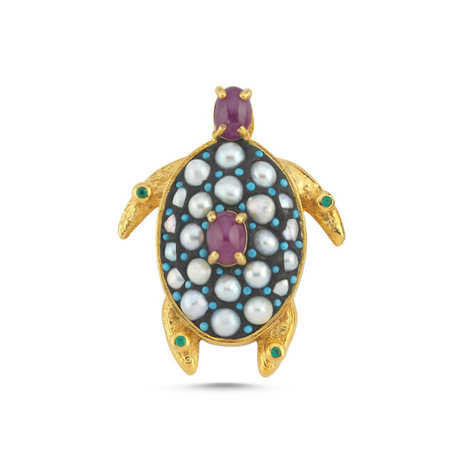 Gerçek İnci Yakut Taşlı Tasarım Caretta Kaplumbağa Gümüş Kolye Ucu - 1