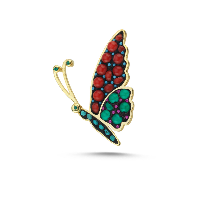Doğal Mercan Akik Taşlı Kelebek Gümüş Broş - CNG Jewels