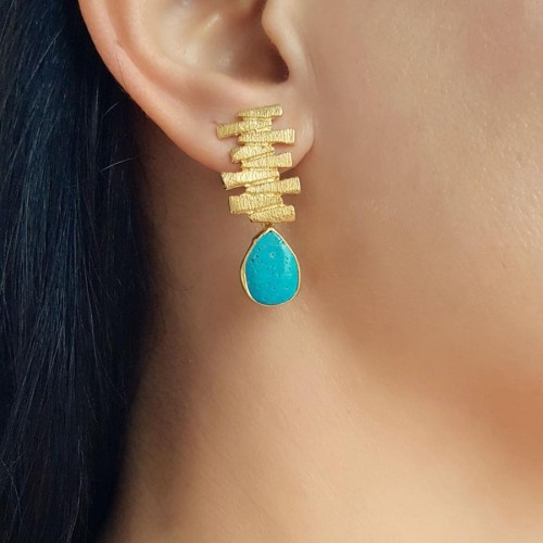 Gerçek Turkuaz Taşlı El Yapımı Zikzak Gümüş Küpe - CNG Jewels