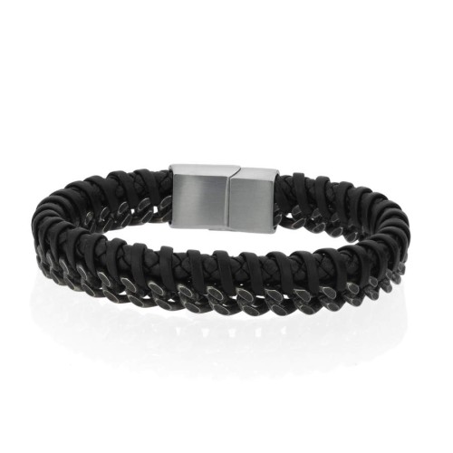 Girift Örgü Deri Gurmet Zincir Çelik Erkek Bilekliği - 1