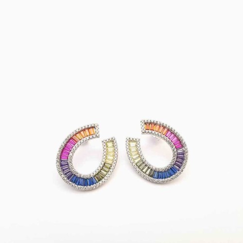 Rainbow Baguette Stone Comma Silver Earrings - CNG Jewels (1)