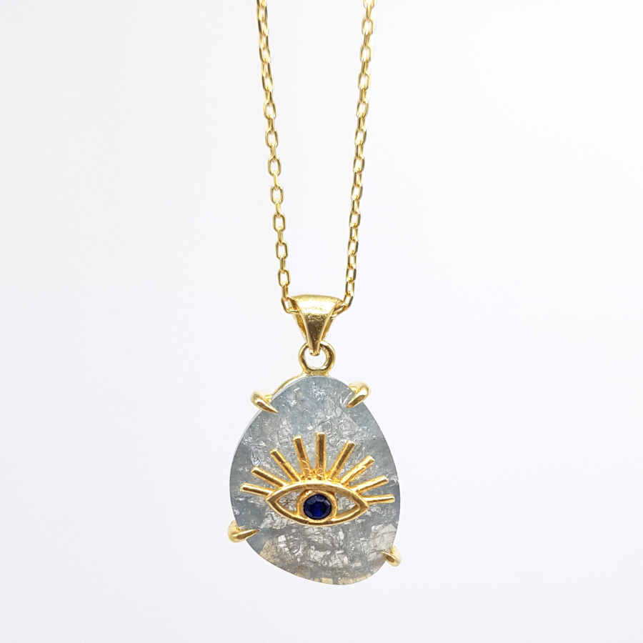 Grey Ice Quartz Kirpikli Göz Gümüş Kolye - CNG Jewels