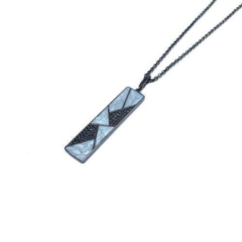 Gri Mermer Desenli Dikdörtgen Çubuk Erkek Gümüş Kolye - CNG Jewels (1)