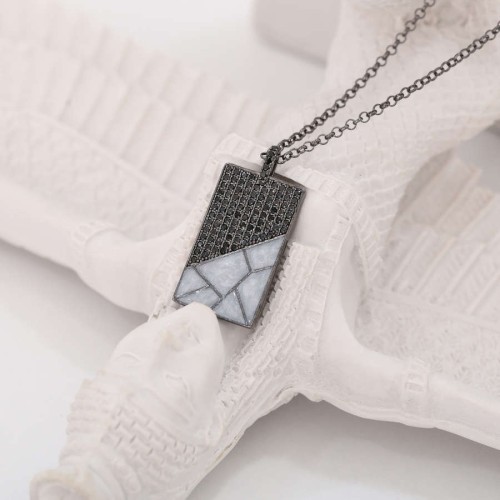 Gri Mermer Desenli Plaka Erkek Gümüş Kolye - 4