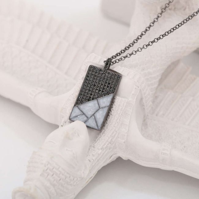 Gri Mermer Desenli Plaka Erkek Gümüş Kolye - 4