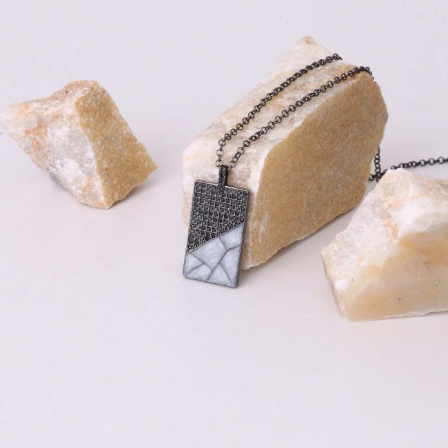 Gri Mermer Desenli Plaka Erkek Gümüş Kolye - 2