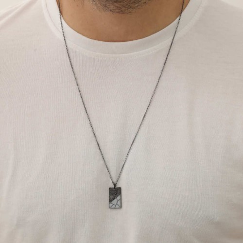 Gri Mermer Desenli Plaka Erkek Gümüş Kolye - 3