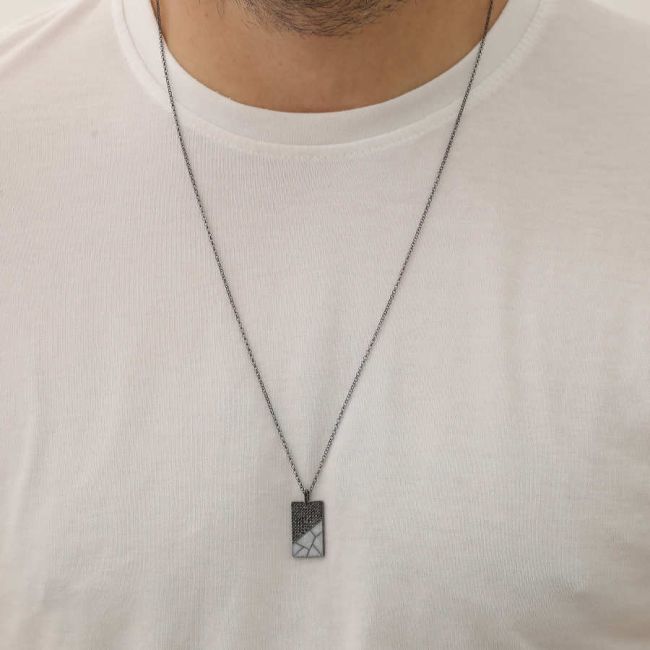 Gri Mermer Desenli Plaka Erkek Gümüş Kolye - 3