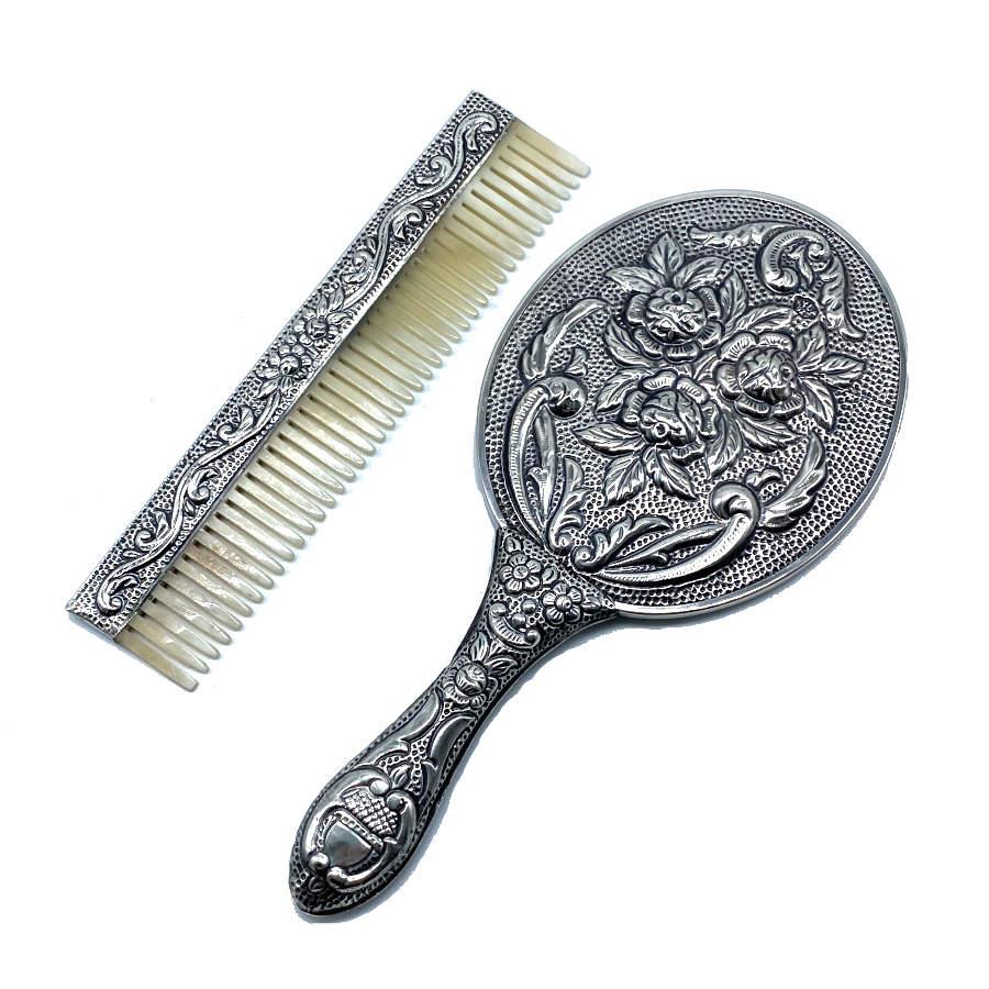 Rose Patterned Hand Mirror Comb Set of Two Silver No. 3 - CNG Jewels