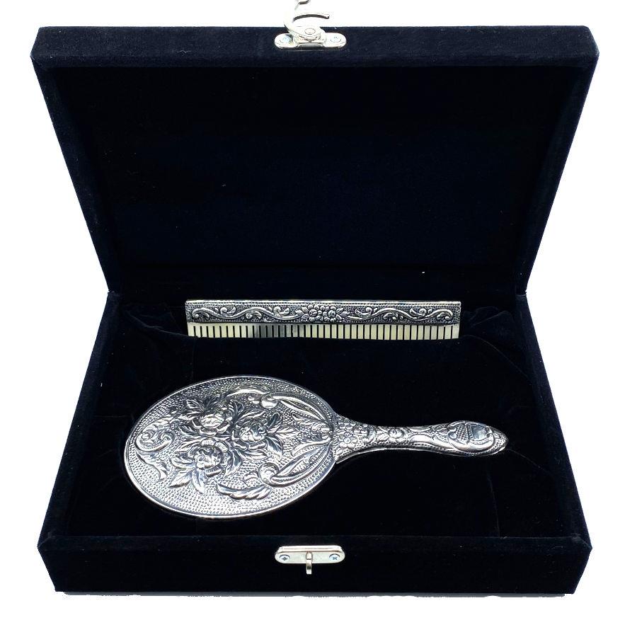 Rose Patterned Hand Mirror Comb Set of Two Silver No. 3 - CNG Jewels (1)