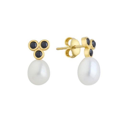 Silver Black Tria Gold Drop Real Pearl Earrings - CNG Jewels