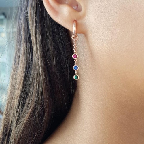 CNG Jewels - Halka Sallantılı Üç Renk Üç Zincirli Rose Gümüş Bayan Küpe