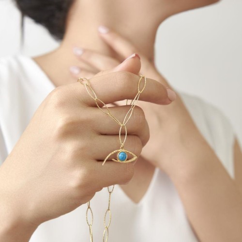 CNG Jewels - Halka Zincirli Modern Turkuaz Taşlı Göz Gold Gümüş Bayan Kolye