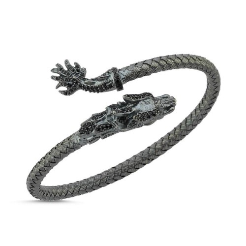 Hasır Örgü Ejderha Desenli Gümüş Erkek Bilekliği - CNG Jewels