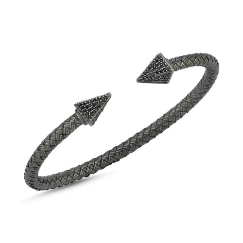 CNG Jewels - Hasır Örgü Siyah Taşlı Ok Gümüş Erkek Bilekliği
