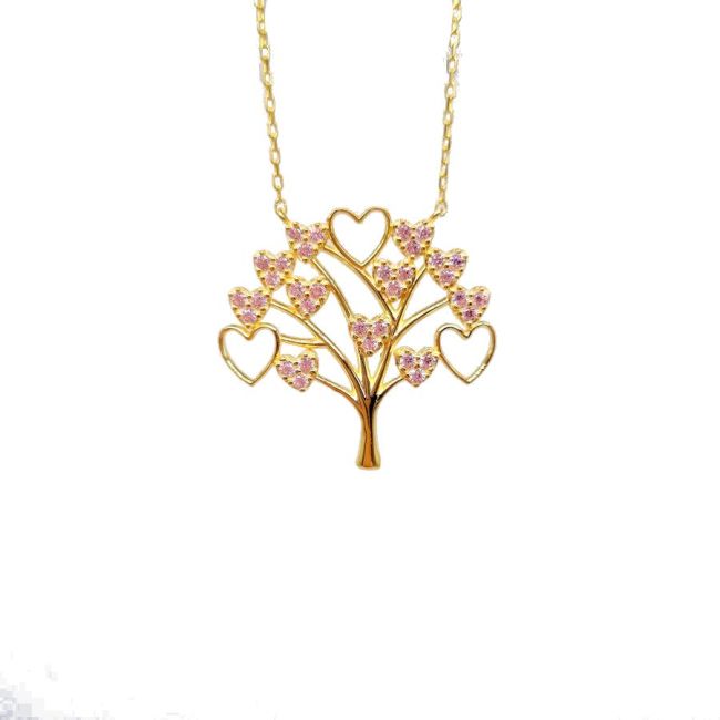 Tree of Life Pink Stone Silver Women's Necklace - 1