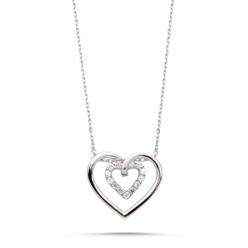 CNG Jewels - İç İçe İki Kalpli Taşlı Gümüş Bayan Kolye