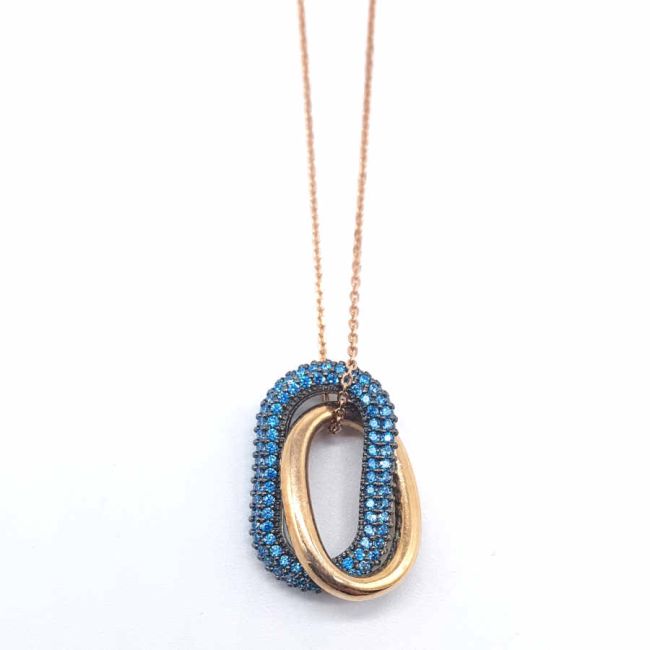 İçiçe Oval Mavi Taşlı Gümüş Kadın Kolye - 1