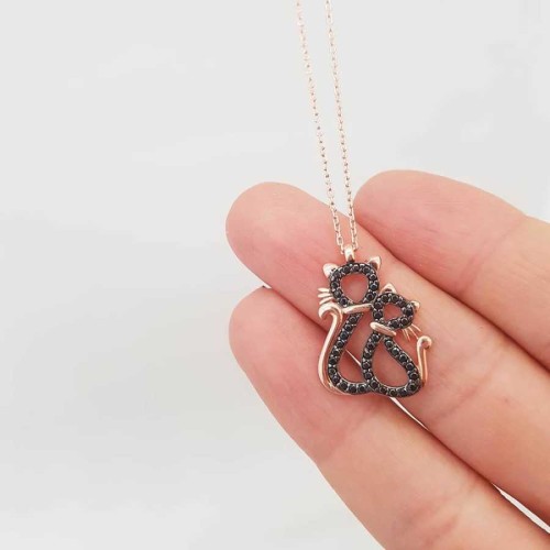 İki Kedili Siyah Taşlı Gümüş Kadın Kolye - 2