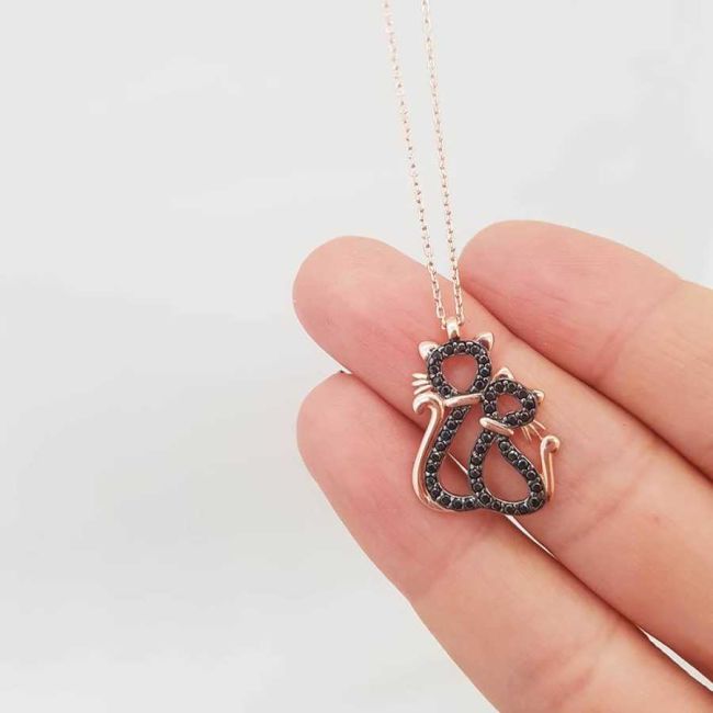 İki Kedili Siyah Taşlı Gümüş Kadın Kolye - 2