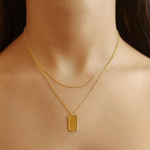 İki Zincirli Düz Plaka Gold Gümüş Kadın Kolye - 1