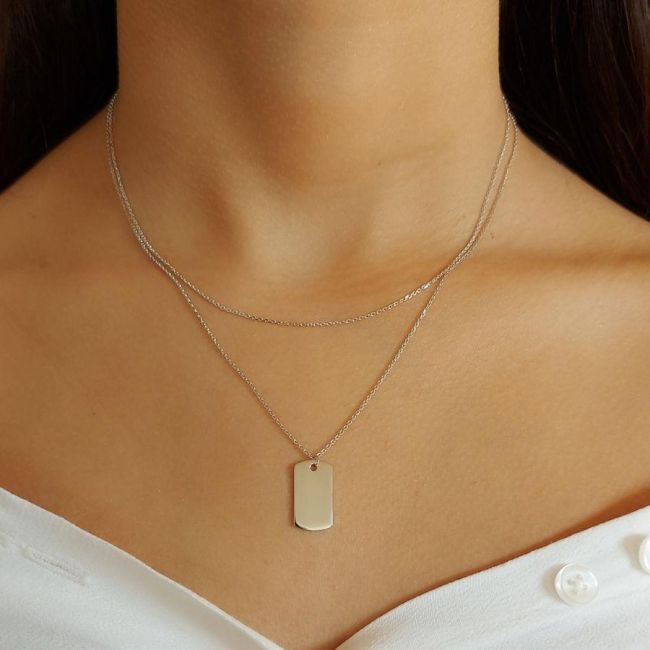 İki Zincirli Düz Plaka Gümüş Kadın Kolye - 1